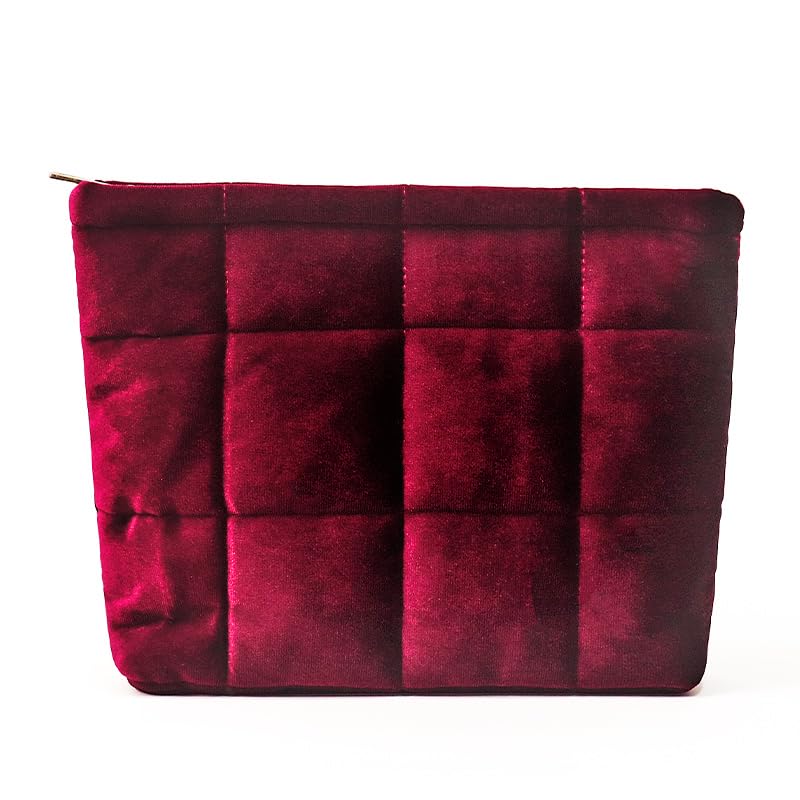 HFLZBRO Gesteppte Make-up-Tasche, Kosmetiktasche, Reise-Kulturbeutel, Organizer, Clutch für Damen (Weinrot – Samt)