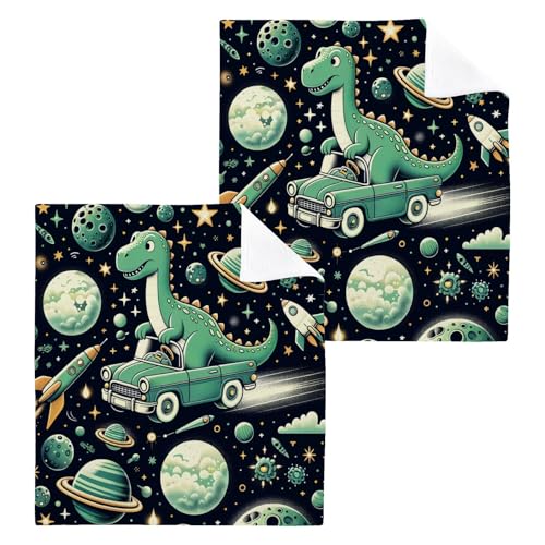 YANENDIE Space Dinosaurs Green Washcloths Towels, Highly Absorbent and Soft Cotton Face Cloths, 2 Pack Quick Dry Wash Cloths - 12 X 12 Inches