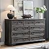 T4tream farmhouse 9 drawers dresser for bedroom 54 wide wood rustic chest of drawers with natural texture vintage design storage dressers organizer for bedroom living room dark rustic oak  urban country home decor
