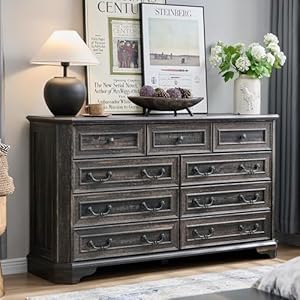 T4tream farmhouse 9 drawers dresser for bedroom 54 wide wood rustic chest of drawers with natural texture vintage design storage dressers organizer for bedroom living room dark rustic oak  urban country home decor