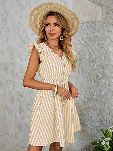 Image of Leriya Fashion Western Dress || Rayon Vertical Striped Printed Dress for Women || Flounce Cap Sleeve | V-Neck | Drawstring Waist Flared Dress || Summer Short Dresses for Women.