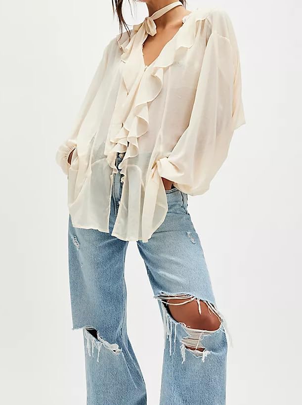 UAURORAO Women Ruffle Sheer Top Long Sleeve See Through Mesh Blouse Tops Oversized Flowy Chiffon Tunic Shirts - Image 3