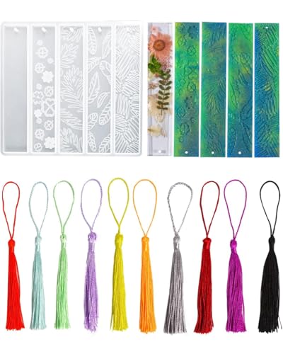 UYRVAPE Moldes Resina Epoxi Para Marcapáginas, 5 formas con 10 borlas, marcadores hechos a mano, DIY Etiquetas de Regalo, forma de marcapáginas de silicona para manualidades