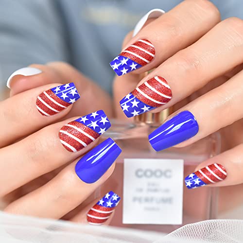 Echiq Royal Blue Glossy Press On Nail With Star And Line Artificial Acrylic Medium Length Nature Fake Nails Reusable Full Cover Wearable Coffin False Stick On Nail Art Tips For Women Ladies Girls Gift 24Pcs/Set #TOP2