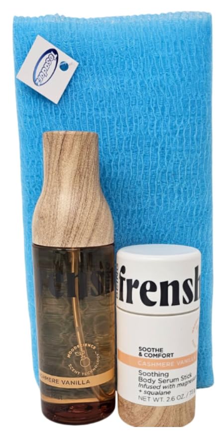 TesadorzBeing Frenshe Cashmere Vanilla Hair, Body and Linen Mist, Body Serum Stick Exfoliating Towel Bundle