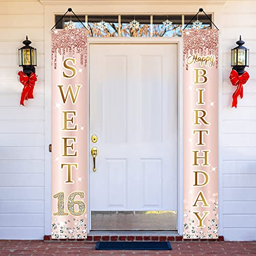 Image of Sweet 16th Birthday Door Banner Decorations for Girls, Pink Rose Gold Sweet 16th Birthday Backdrop Porch Sign Party Supplies, Happy Sweet Sixteen Year Old Birthday Decor for Outdoor Indoor