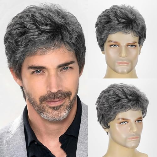 Perruque de rechange homme noir et gris naturel contre la perte de cheveux