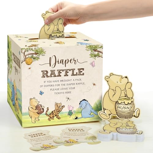 51Pcs Classic Winnie Bear Baby Shower Decorations Diaper Raffle Box with Tickets Neutral Vintage Bear Baby Shower Games Winnie Gender Reveal Decorations (Neutral)