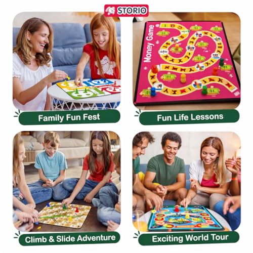 Image of Storio 4-in-1 Classic Board Games for Kids 5+ Years | Snakes & Ladders, Ludo, Drive Your Car & Money Game | Family Board Game Set with Dice & Pawns | Educational Strategy Game for Boys & Girls