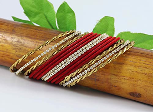 Image of NMII Gold Plated Metal Velvet Bangles Set For Women & Girls with Zircon Gemstone Studded | Traditional Women's Bangles | Designer Gold Bangles | Fashion Jewellery- Set of 28