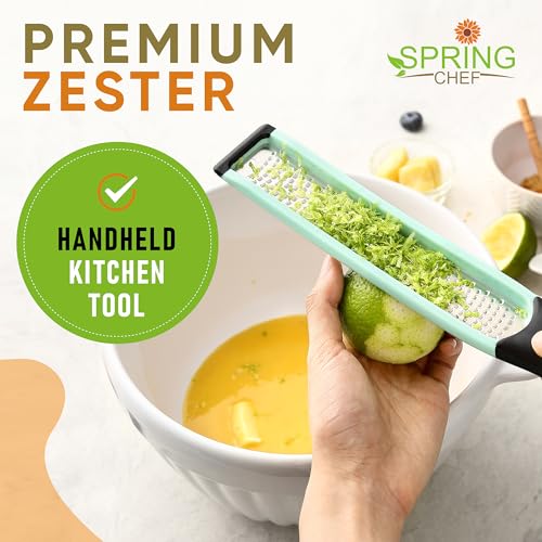 Image of Spring Chef Premium Lemon Zester Grater with Handle - Fruit, Lime, Orange, Nutmeg, Garlic Grater - Heavy Duty Kitchen Tool - Stainless Steel Citrus Zester with Blade Cover - Fine Shred - Mint /Black