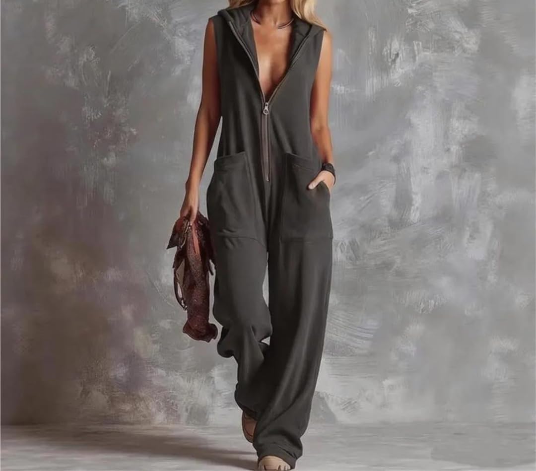 Yeuyyben Overol de verano con capucha y cuello en V y cremallera para mujer, sin mangas, pierna ancha, casual, color liso, bolsillo
