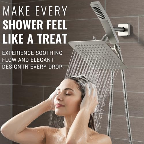 All Metal Shower Faucet Set, Dual Square Shower Head System with Handheld Wand, Diverter, Hose Complete Combo, Pressure Balance Rough-in Valve Included(Brushed Nickel) by G-Promise - Image 5
