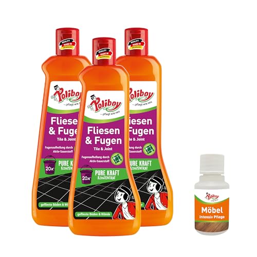 POLIBOY Fliesen & Fugen Reiniger - Bodenreiniger mit Oxy-Power für Fliesen - Wischkonzentrat für innen und außen- 3x 500ml - Mit Produktprobe - Made in Germany