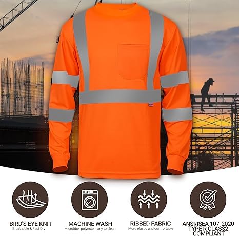 Image of TrendyUniform Hi-Vis Reflective Safety T-Shirt with Pocket Breathable Fabric Used for Outdoors,Trekking,Night Cycling,Construction.Neon Orange and Green Color