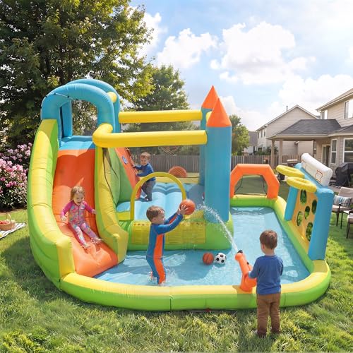 Château gonflable 360 x 320 cm avec toboggan aquatique et trampoline – Parc aquatique XXL avec pataugeoire, panier de basket-ball, cage de football,...
