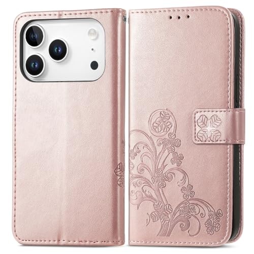 Étui iPhone 15 Plus or rose en cuir gaufré avec rabat magnétique et fentes pour cartes
