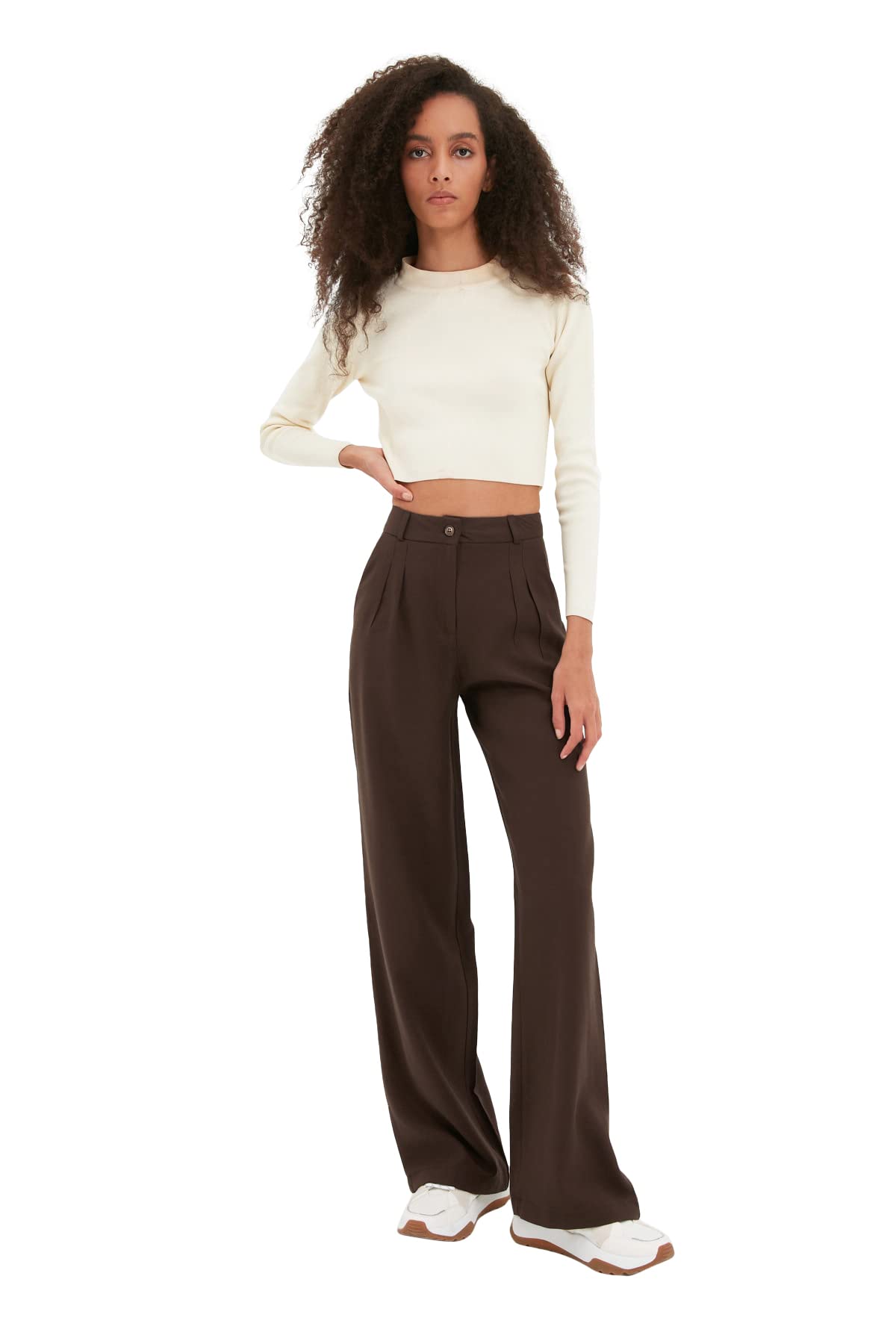 Trendyol FeMan Normal Waist Straight Leg Wide Leg Trousers Brown