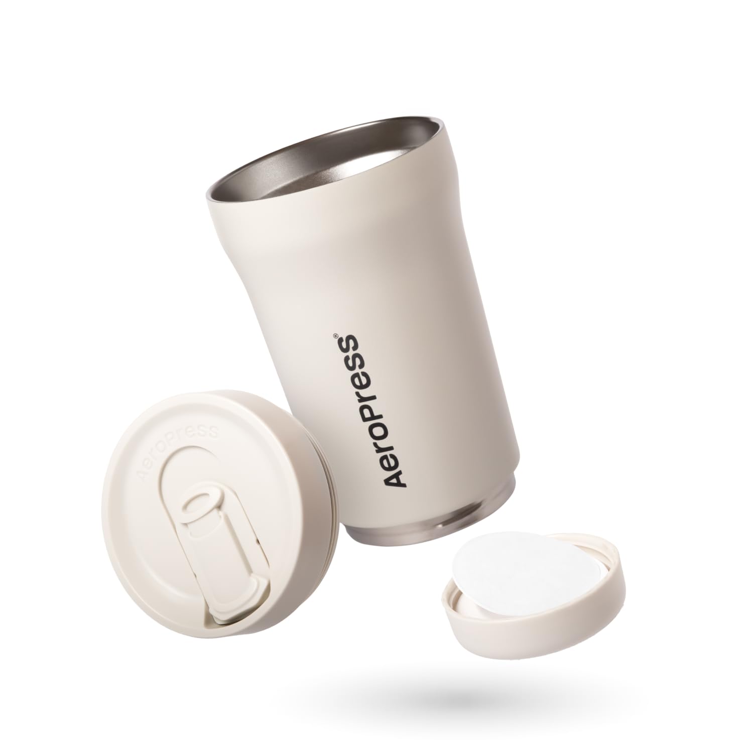 AeroPress Reise-Kaffeebecher, isolierter Edelstahl-Kaffeebecher mit doppelwandiger Vakuumisolierung, spritzwassergeschütztem Deckel, Filteraufbewahrung, passt in Getränkehalter, 16 oz (Creme)