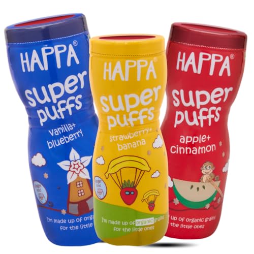 Image of Happa Organic Multigrain Melts Teething Super Puffs (Healthy Organic Snack for Little One, 8 Months+) Apple & Cinammon + Strawberry & Banana + Vanilla & Blueberry (Pack of 3)