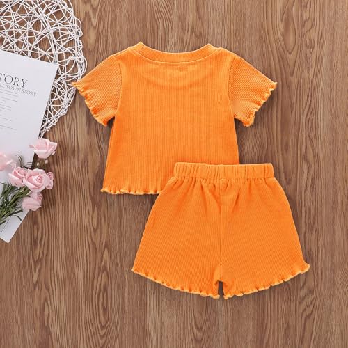 Image of Toddler Girl Clothes Summer Outfit Short Sleeve Shorts Set 12M-5T | Soft ribbed knit toddler girl outfit with breathable fabric, ruffle top, comfy shorts and stretchy fit for summer daily wear.