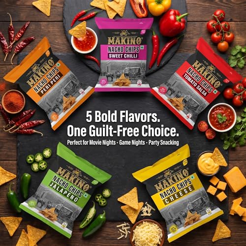 Image of Makino Corn Chips Nachos Pack of 5 (60g Each) | Assorted Healthy Snacks & Low Calorie Munch | Nachos Chips in Fresh Flavors: Cheese, Jalapeno, Sweet Chilly, Peri Peri & Salsa | 40% Less than Regular Potato Chips | No MSG & Zero Human Touch Technology