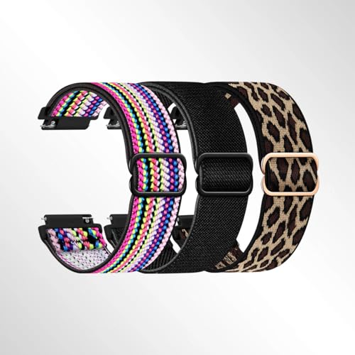 3 Pack Compatible with 20mm 22mm Watch Bands Quick Release Replacement Wristband, Adjustable Stretchy Nylon Solo Loop Straps Fabric Braided Sport Elastic Bands for Men Women (Black + leopard print + multi-color,22mm)