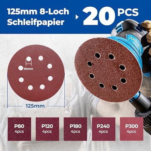 Bild 5 - DongCheng Exzenterschleifer 380W, 125mm Schleifmaschine, 6 Geschwindigkeiten 8,000-12,800 U/min mit Staubfangbehälter und 20 Schleifpapier, ideal für professionelle Holzbearbeitung und Schleifarbeiten