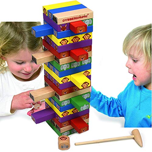 GYBBER&MUMU 60 Pieces Colorful Animal Patterns Wooden Blocks Stacking Board Games with 1 Wood Hammer &1 Dice (60PCS_Colorful) - Thumbnail 5