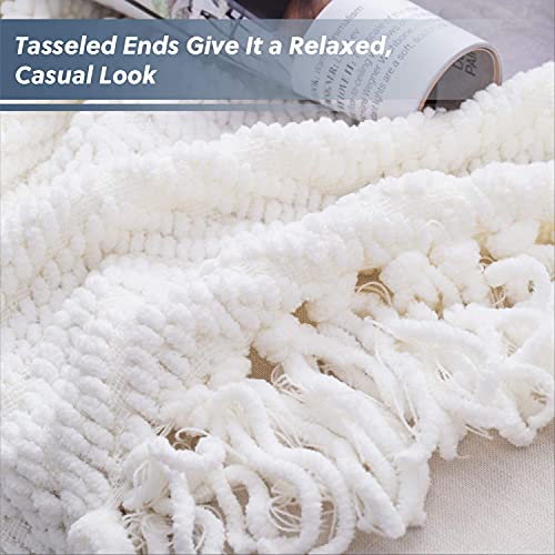 Bedsure Throw Blanket For Couch – Cream White Versatile Knitwoven Chenille Blanket For Chair – Super Soft, Warm & Decorative Blanket With Tassels For Bed, Sofa And Living Room (Ivory, 50 X 60 Inches) #TOP4