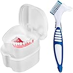 KISEER White Denture Bath Case Cup Box Holder Storage Container with Denture Cleaner Brush Strainer Basket for Travel Cleaning