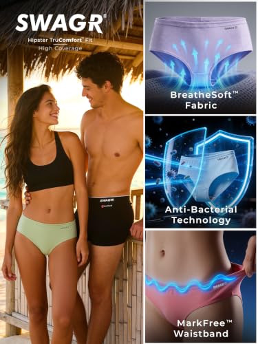 Image of SWAGR 5 Pack Women's High Coverage Super Combed Cotton Hipster Panty Set | Powered by ZincShield Anti-Bacterial Tech | BreatheSoft Fabric | MarkFree Waistband | SOXCO Style HP06