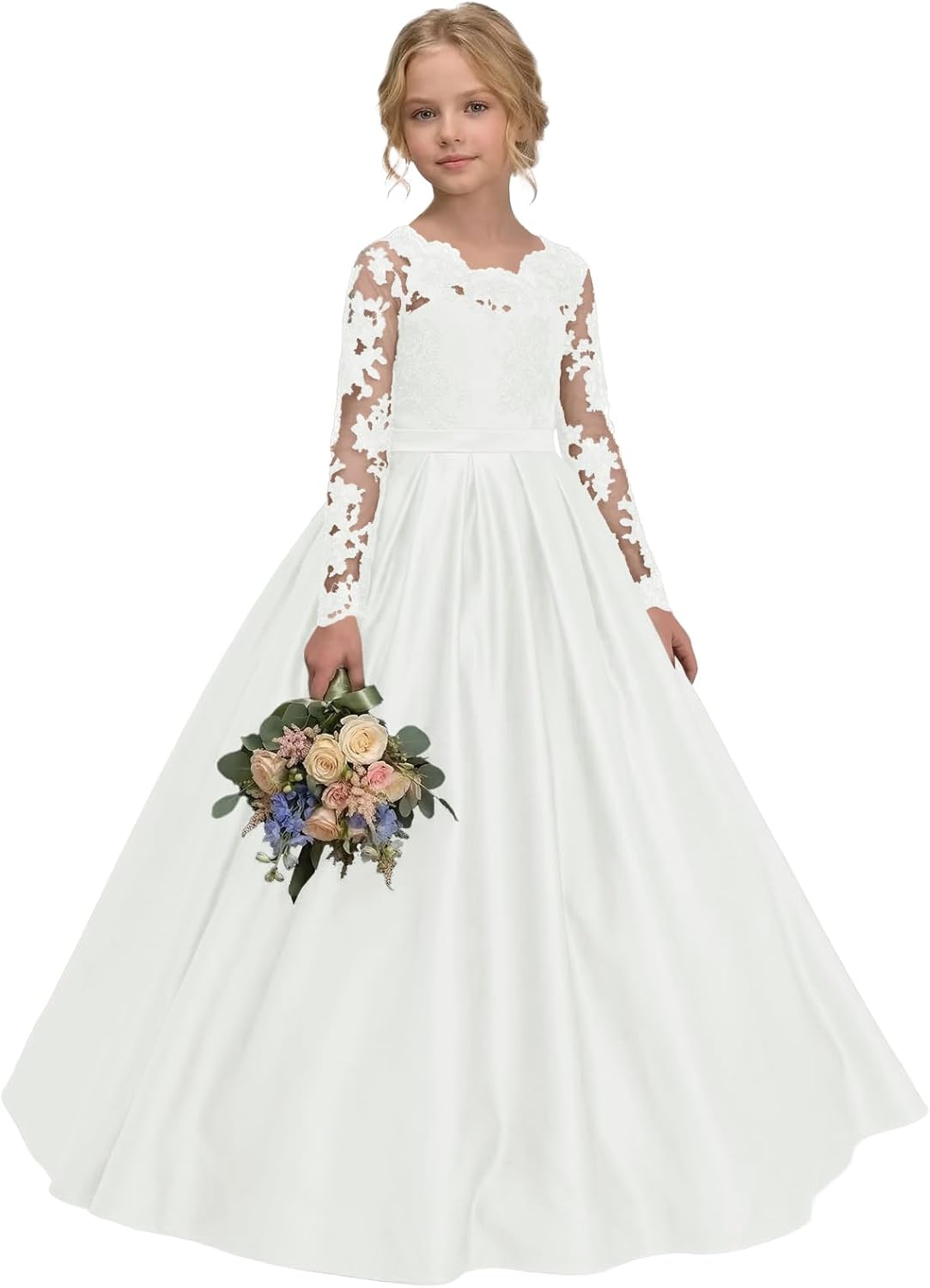 Satin Flower Girl Dresses for Wedding Princess Pageant Dress Lace Long Sleeves First Communion Dresses