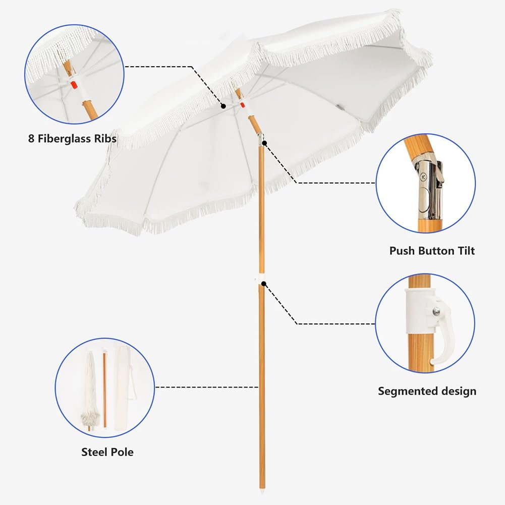 160 cm Parasol Ogrodowy z Frędzlami, Parasol Plażowy z Przycisk Nachylenia i Aluminiowym Drążkiem UV 50+
