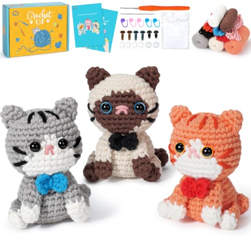 Image of Fortuning's JDS Crochet Kit for Beginners, 3 Cat Crochet Animal Kit Starter | w / Step-by-Step Video Tutorials, Beginner Crochet Kit for Adults, Bow-Wearing Cat Crochet Set, Crochet Gifts for Cat Lovers
