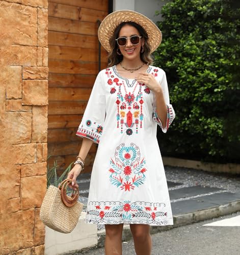 Image of Higustar Mexican Embroidered Dress Summer Cotton Bohemian Flower Peasant Traditional Mexico Fiesta Boho Dresses for Women