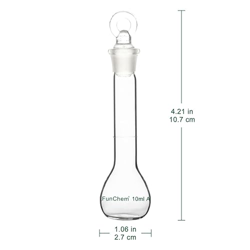 Vista 2 de FunChem Frasco volumétrico de vidrio con tapón de vidrio, pared pesada de vidrio borosilicato, clase A, tolerancia ±0.0.2 fl oz, 0.3 fl oz