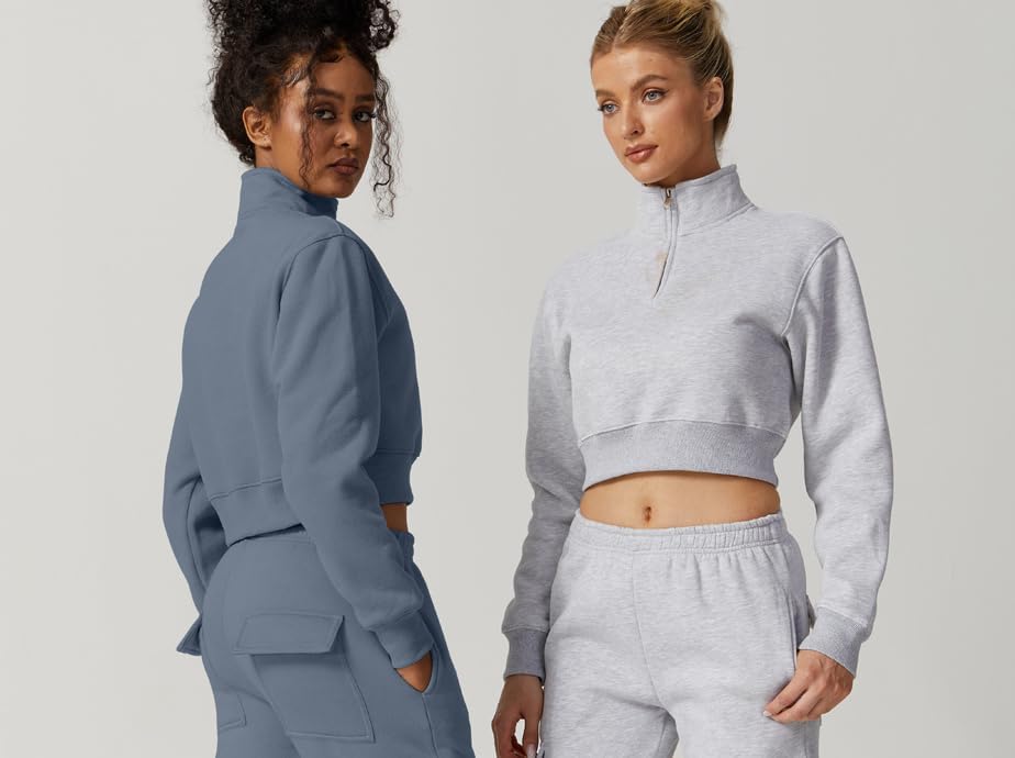 QINSEN Womens Half Zip Crop Sweatshirt High Neck Long Sleeve Pullover Cropped Top - Image 3