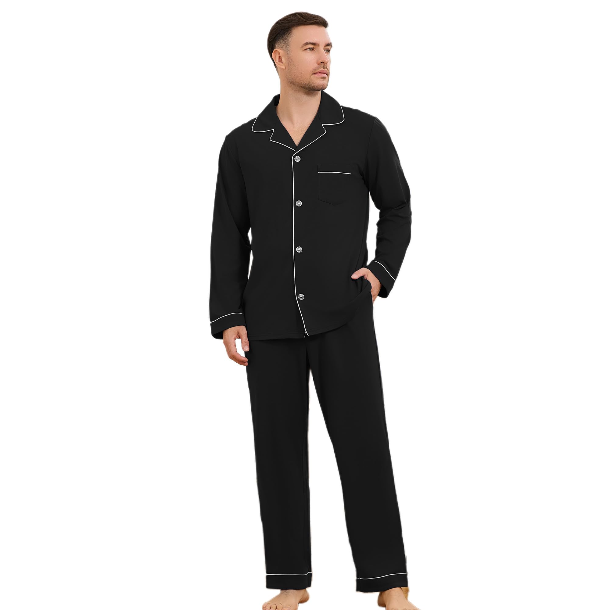 Vulcandon Mens Pyjamas Set, Soft Classic Lapel Button Down Long Sleeve Mens Cotton Pyjamas, Lightweight Comfy Sleepwear Lounge Pajamas For Men