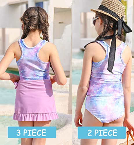Little Girls Swimsuits For Sports 3 Piece Tankini Bathing Suit Set 3D Purple Galaxy Cute Bikini Swimwear With Beach Skirt 6-7 Years Old #TOP2