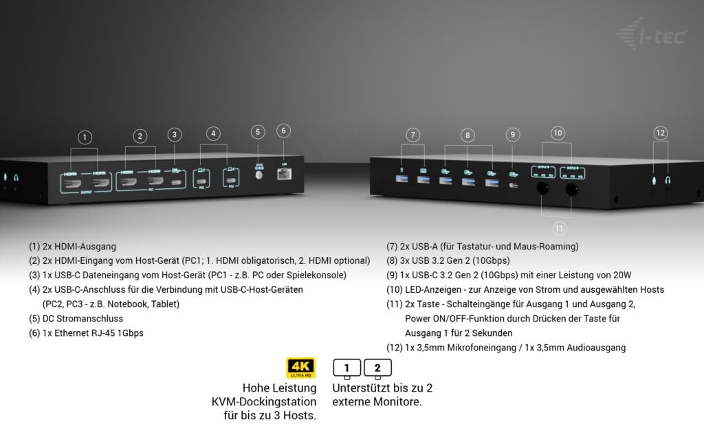 i-tec USB-C KVM Dock PRO für DREI Hosts, Dual Video, mit 2X Stromversorgung max 92W