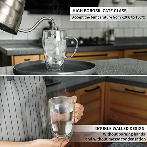 Sweese 416.101 Glass Coffee Mugs Set of 2 - Double Wall Tall Insulated Tea Cups Coffe Cups with Handle Glassware, Perfect for Cappuccino, Latte, Macchiato, Tea, Coffee Lover, Iced Beverages, 15 oz
