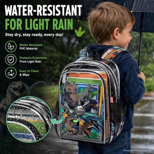Image of WZLVO Clear Backpack for Kids Boys, 16 inch Heavy Duty PVC Transparent Bookbag with Frame Reflective Strip, Cute See Through School Bags for Elementary Preschool - Awesome Dinosaur Black