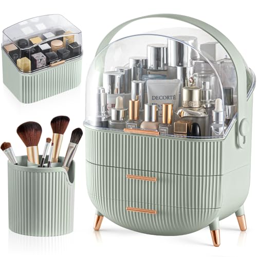 Image of CANITORON Makeup Organizer,Skincare Organizer with 2 Drawers and Brush Storage Box,Lipstick Holder,Cosmetic Display Case for Vanity Organizer and Bathroom Countertop Storage.(Sage Green)