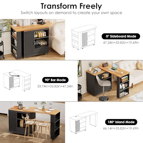 Image of Rolling Kitchen Island with 360 Swivel Kitchen Island with Power Outlet | Rotating Kitchen Islands with Storage Cabinets Wood Kitchen Island Table for Kitchen, Bar, Dining Room