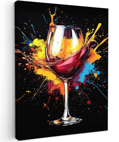 MuchoWow© Impression sur Toile Decoration Murale Peinture 50x70 cm Tableaux Decoratifs Muraux Déco Chambre Tableau Salon Vin - Verre - Graffiti - Apéritif - Rouge - Peinture