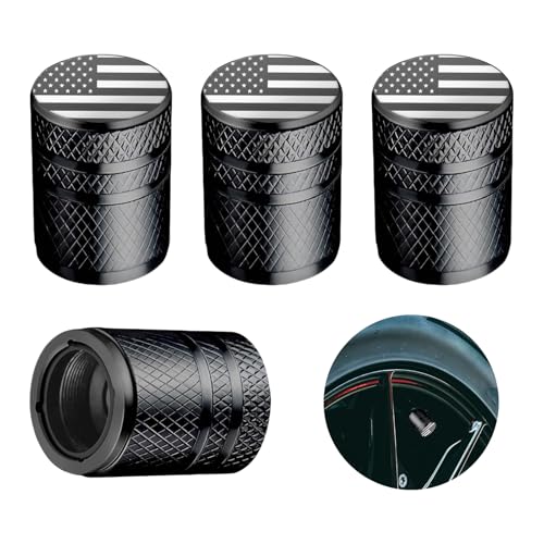 AMZAUTO 4 Pack Tire Valve Stem Caps, Aluminum Alloy American Flag Valve Stem Caps with Plastic Liner, Universal Accessories for Cars, Trucks, Motorcycles, SUVs (Black)