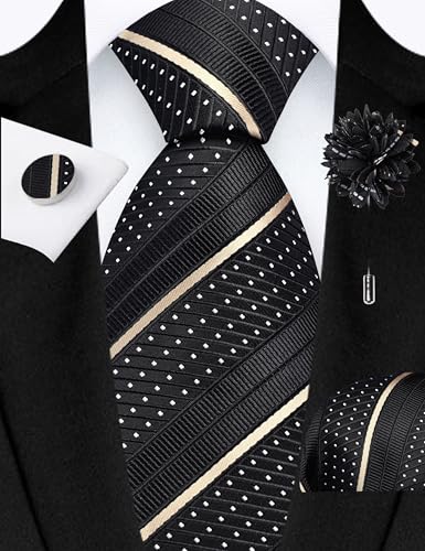 Image of GUSLESON 3.15 inch（8cm） Mens Stripe Tie and Lapel Pin Necktie Hankerchief Cufflinks Set for Men