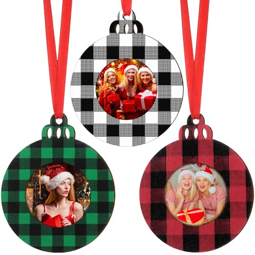 Jetec 12 Pcs Christmas Ball Picture Ornament Bulk Wooden Photo Frame Ornaments Plaid Hanging Decorations for Christmas Tree(Red and Black, Black and White, Black and Green)