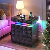 FREDEES LED Nachttisch mit Ladestation - Nachttisch mit 3 Schubladen und Abschließbarem, Verstecktem Stauraum, Intelligenter Nachttisch mit Human-Sensor RGB-Beleuchtung, Schwarz
